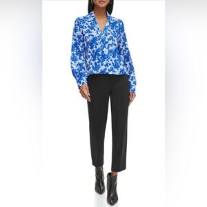 Calvin Klein Women's Plus Long Sleeve Faux Wrap Blouse Top Tie Dye